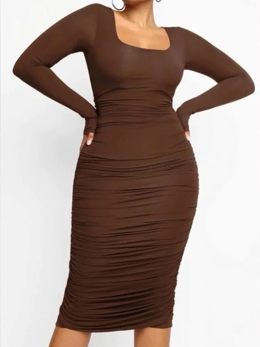 Square Neck Ruched Long Sleeve Bodycon Dress - Brown